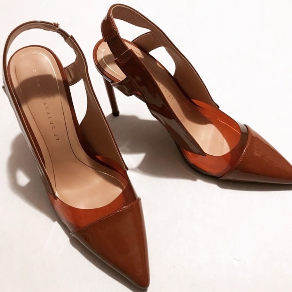 Caramel ZARA Heeled Slingback Vinyl Shoe Sz 8